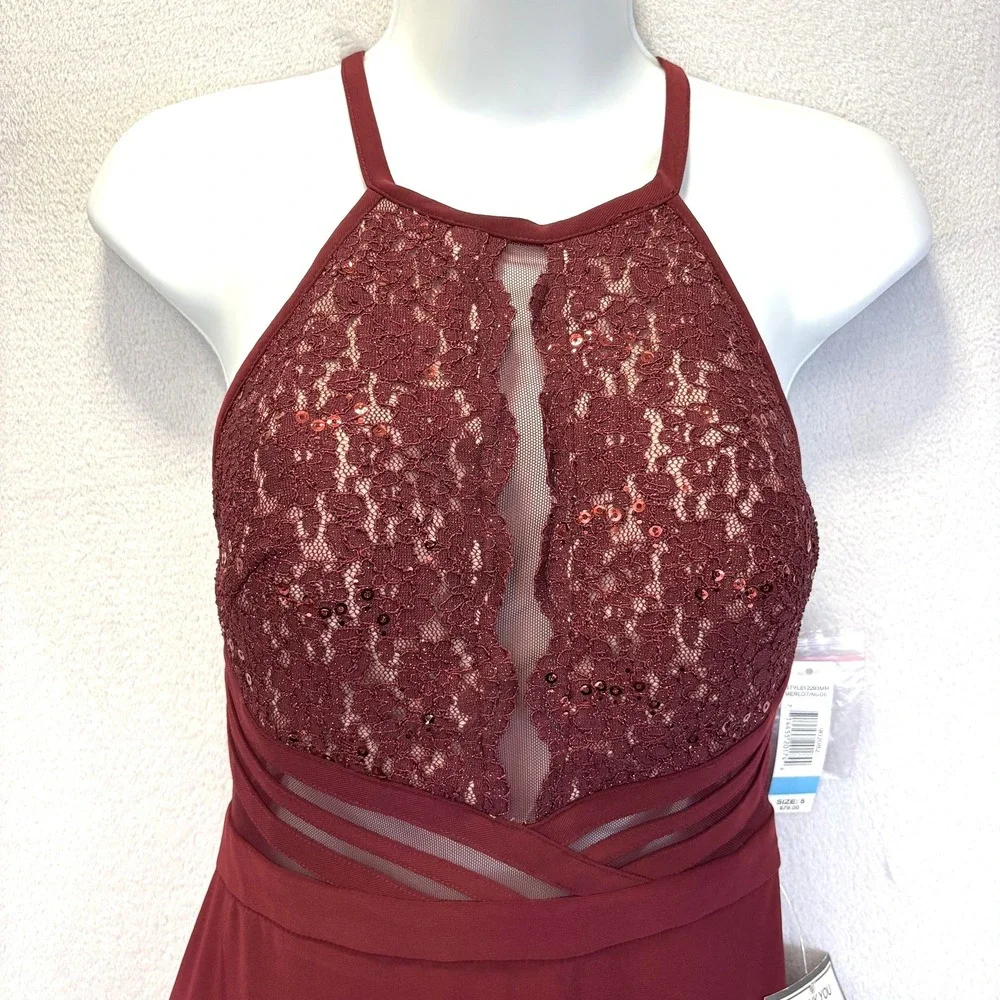 NWT Morgan & Co Lace Sequin Cutout Dress Juniors 5‎ Merlot Red Halter Party NEW